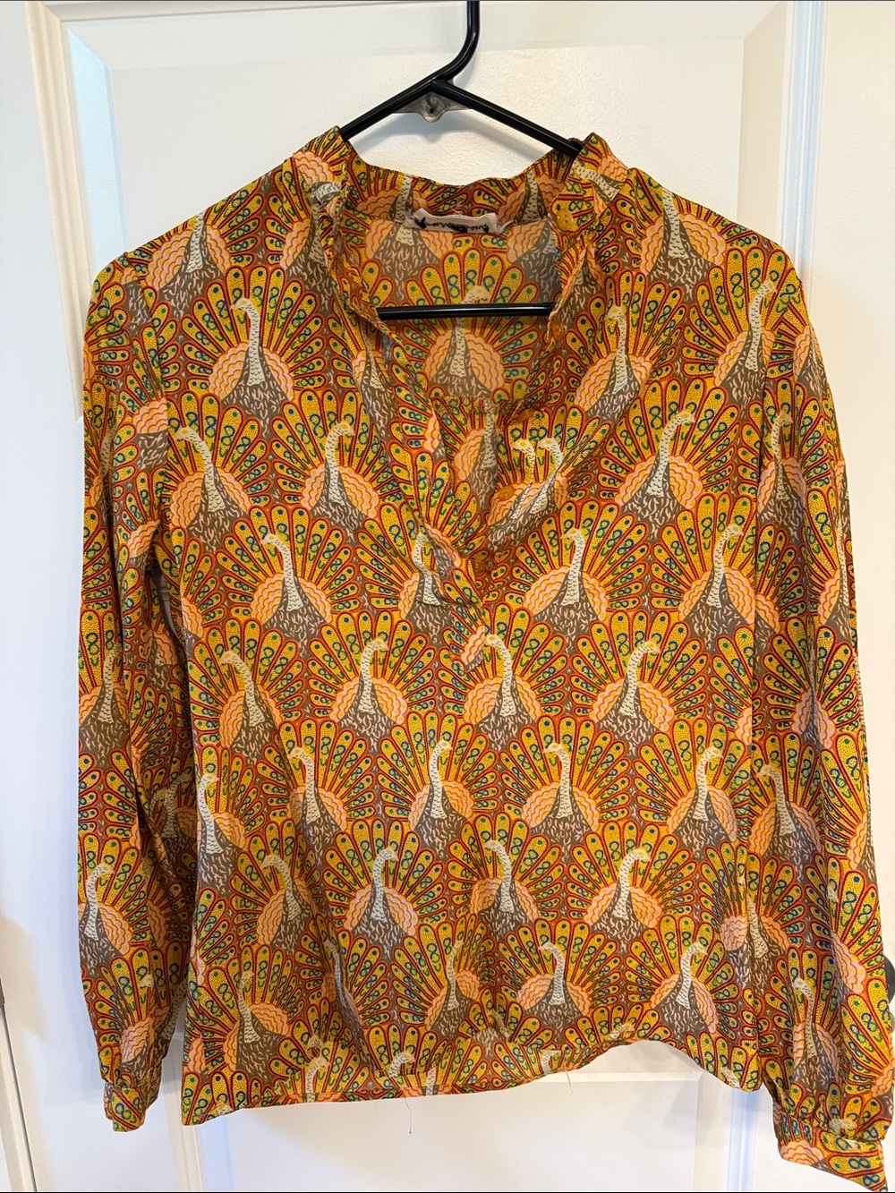 Vintage Peacock Print V-Neck Blouse in Warm Orange & Mustard